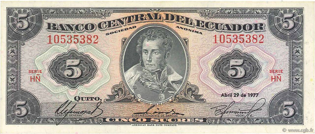 5 Sucres ECUADOR  1975 P.108a EBC