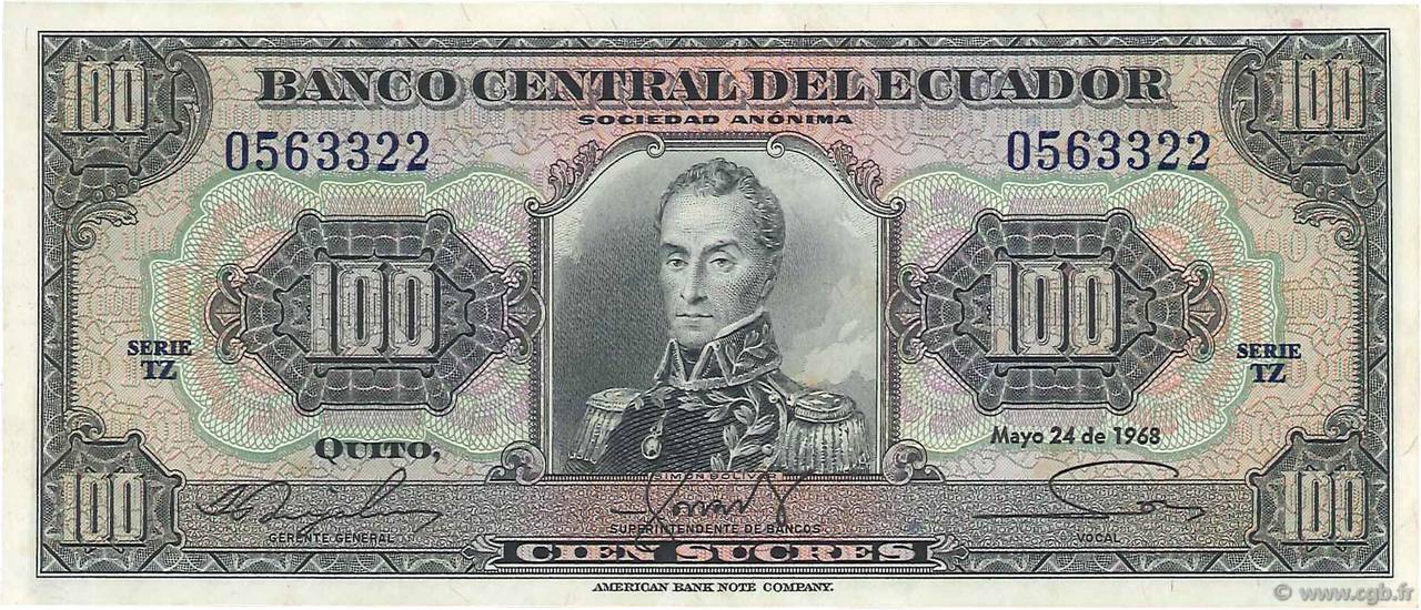 100 Sucres ECUADOR  1968 P.105 SC+