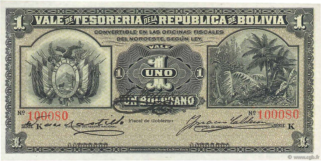 1 Boliviano BOLIVIEN  1902 P.092a fST+