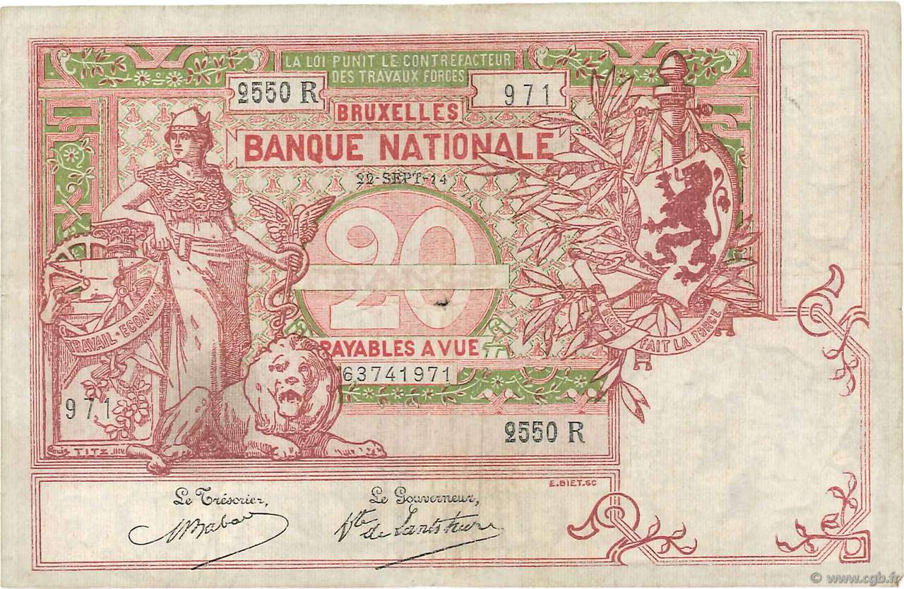 20 Francs BELGIUM  1914 P.067 F+