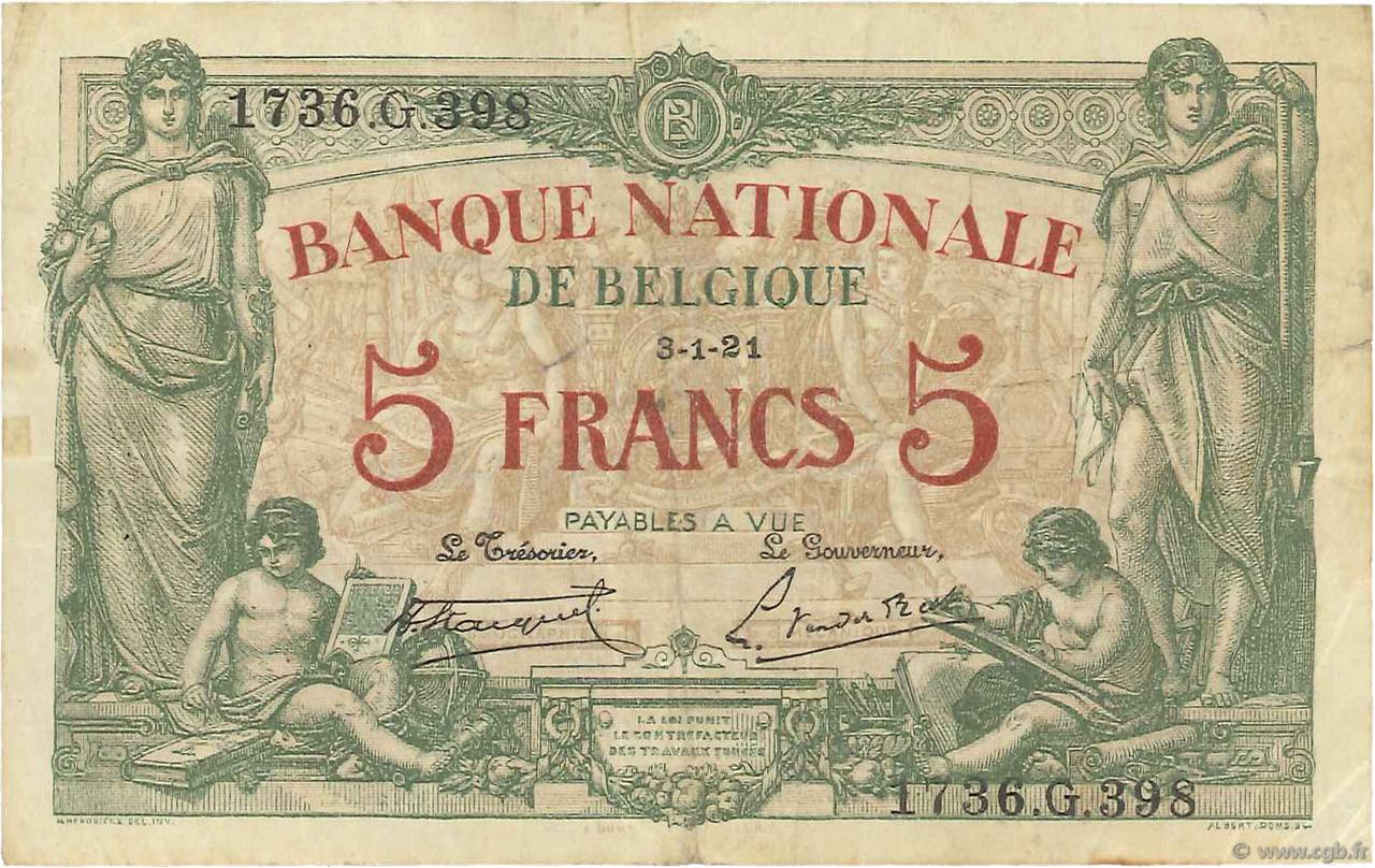 5 Francs BELGIUM  1921 P.075b F+