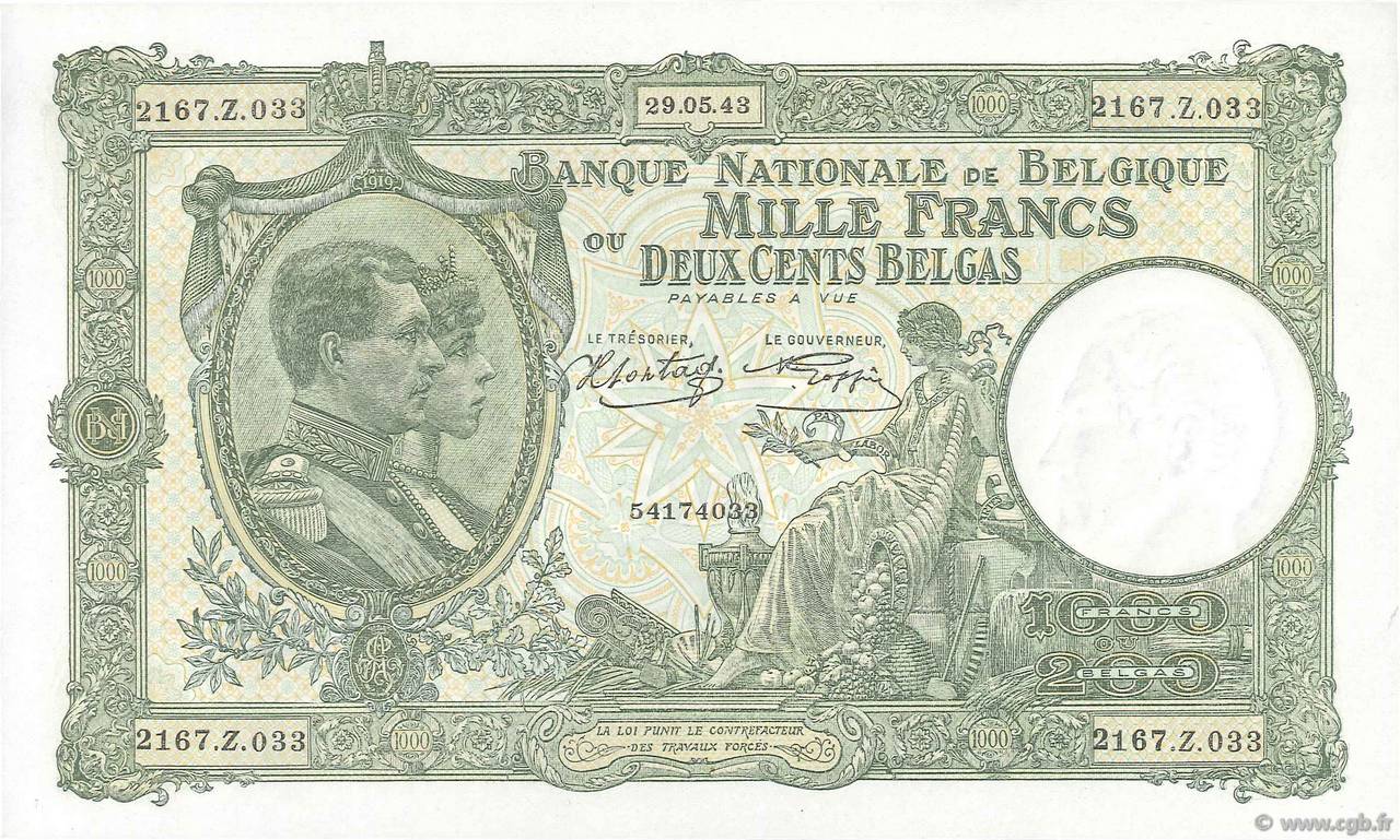 1000 Francs - 200 Belgas BELGIO  1943 P.110 q.FDC