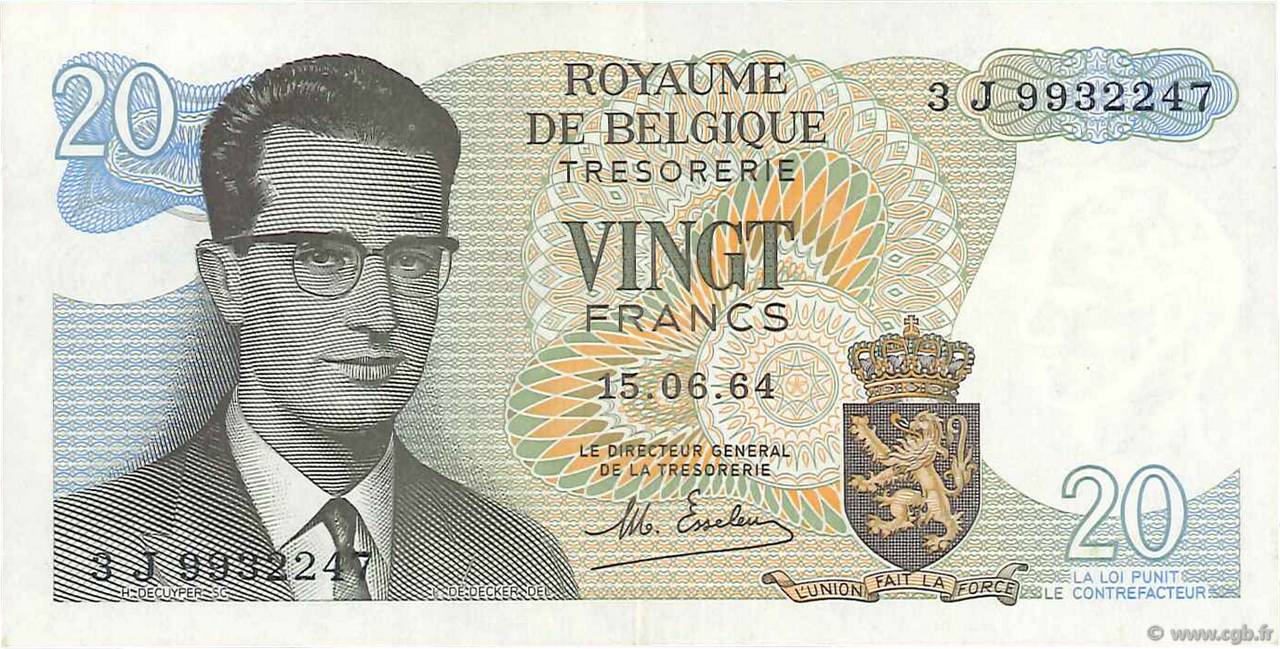 20 Francs BELGIEN  1964 P.138 fVZ