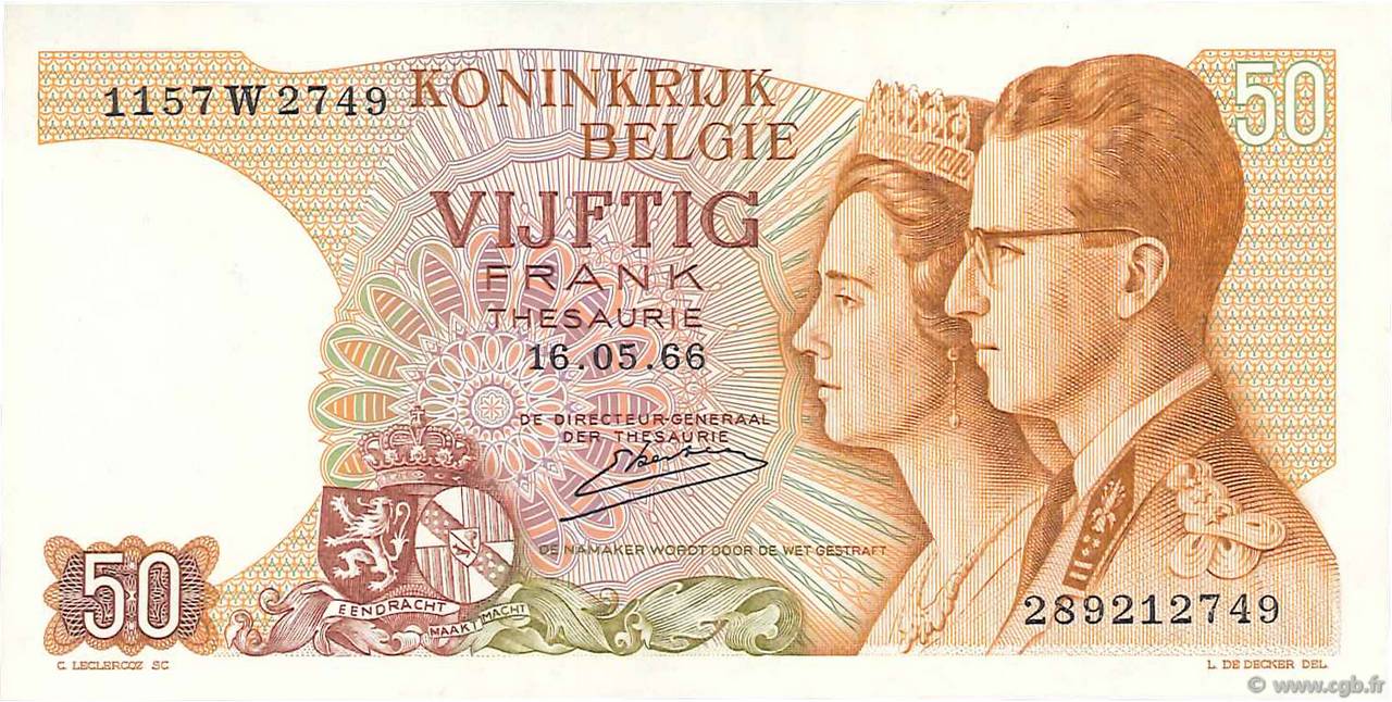 50 Francs BÉLGICA  1966 P.139 EBC