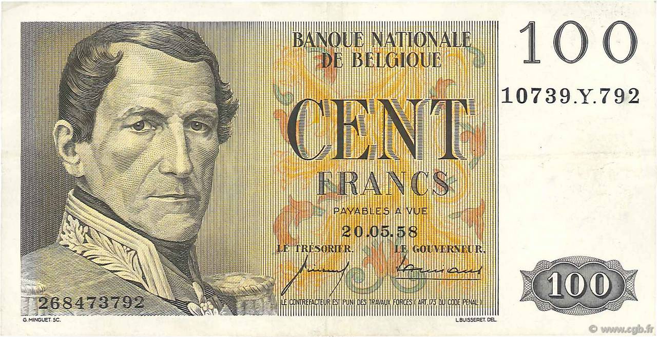 100 Francs BELGIEN  1958 P.129c fVZ
