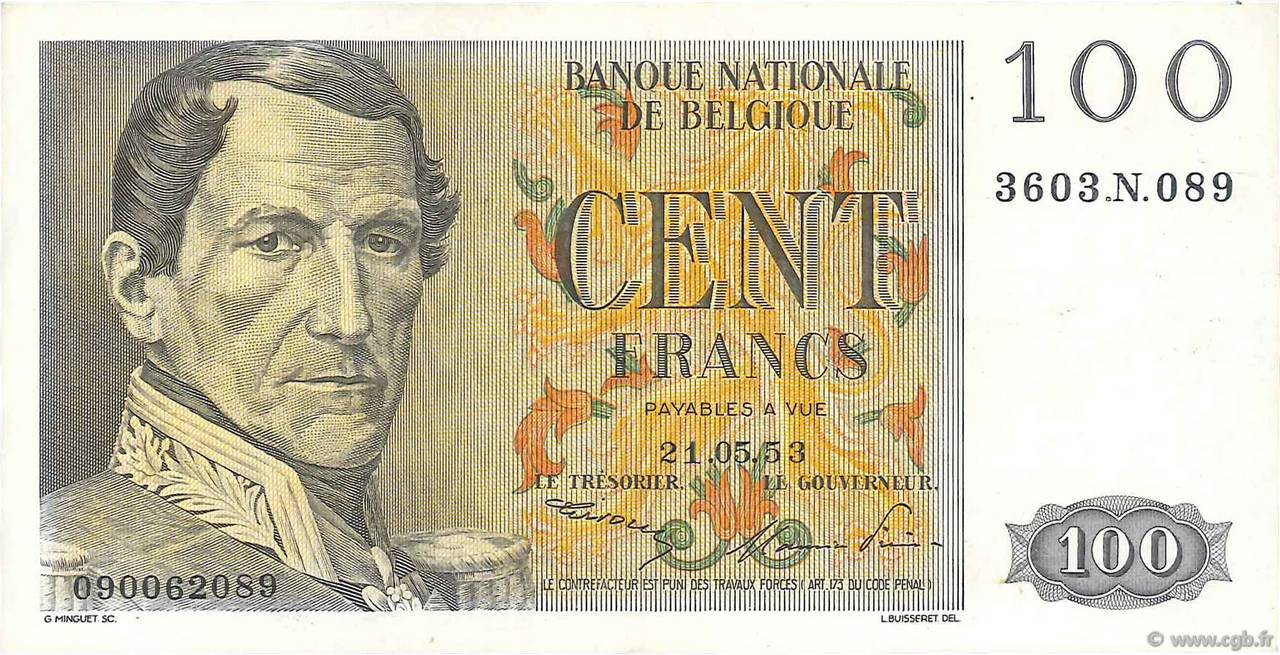 100 Francs BELGIEN  1953 P.129a VZ