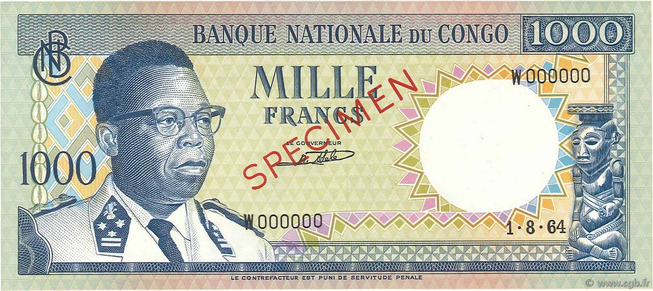 1000 Francs Spécimen REPUBBLICA DEMOCRATICA DEL CONGO  1964 P.008s AU+