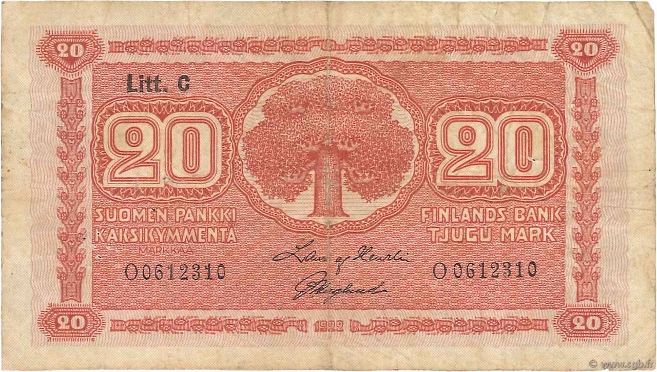 20 Markkaa FINLANDIA  1922 P.063a MB