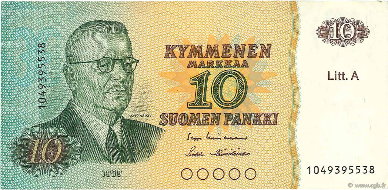 10 Markkaa FINLAND  1980 P.112a XF