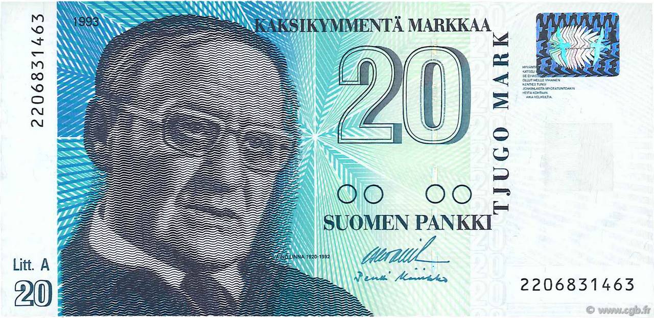 20 Markkaa FINLANDIA  1993 P.123 SC+