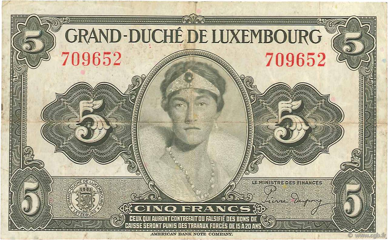 5 Francs LUSSEMBURGO  1944 P.43a q.BB