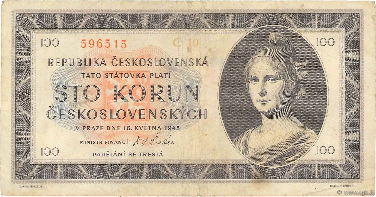 100 Korun CHECOSLOVAQUIA  1945 P.067a BC+