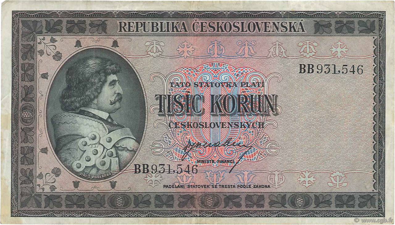 1000 Korun CZECHOSLOVAKIA  1945 P.065a VF
