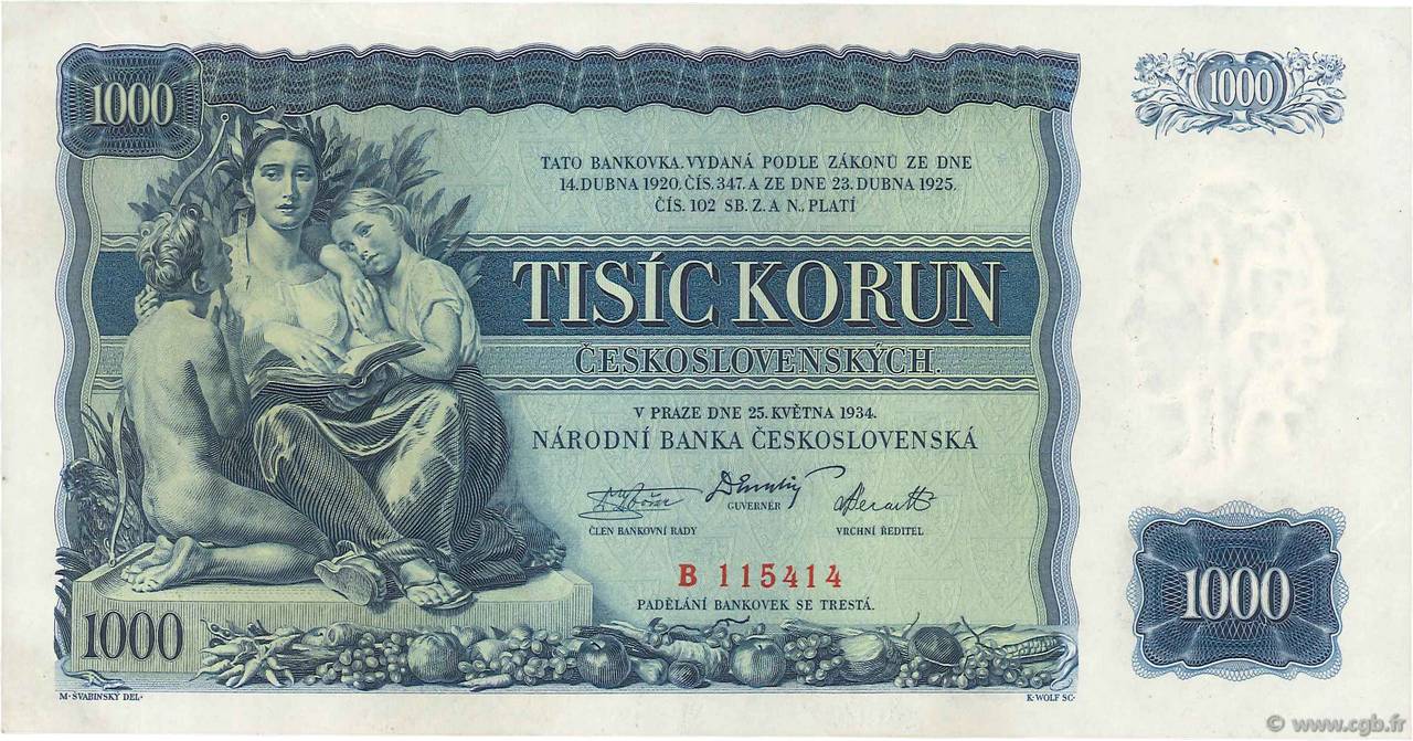 1000 Korun CECOSLOVACCHIA  1934 P.026a q.FDC
