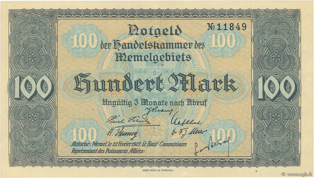 100 Mark MEMEL  1922 P.09 AU