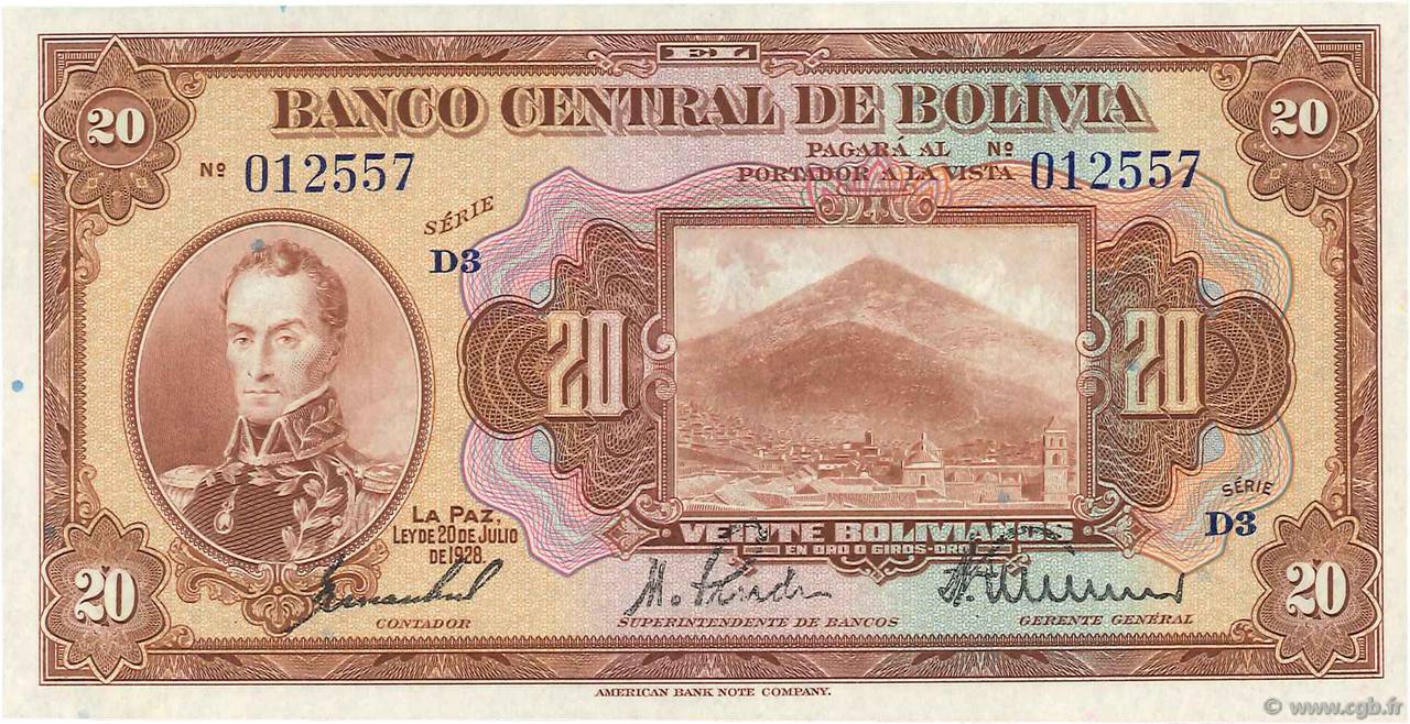 20 Bolivianos BOLIVIA  1928 P.122a UNC