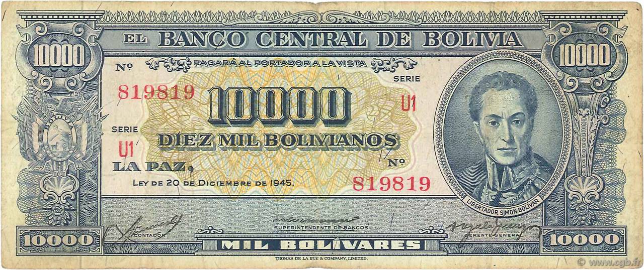10000 Bolivianos BOLIVIA  1945 P.146 F