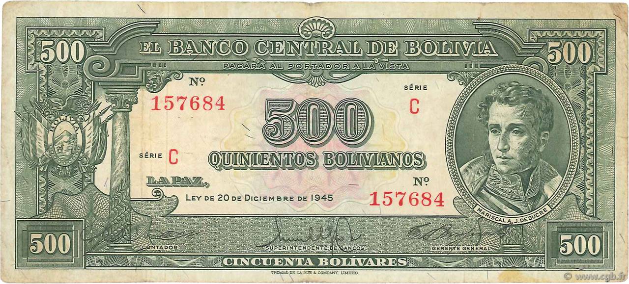 500 Bolivianos BOLIVIA  1945 P.143 F+