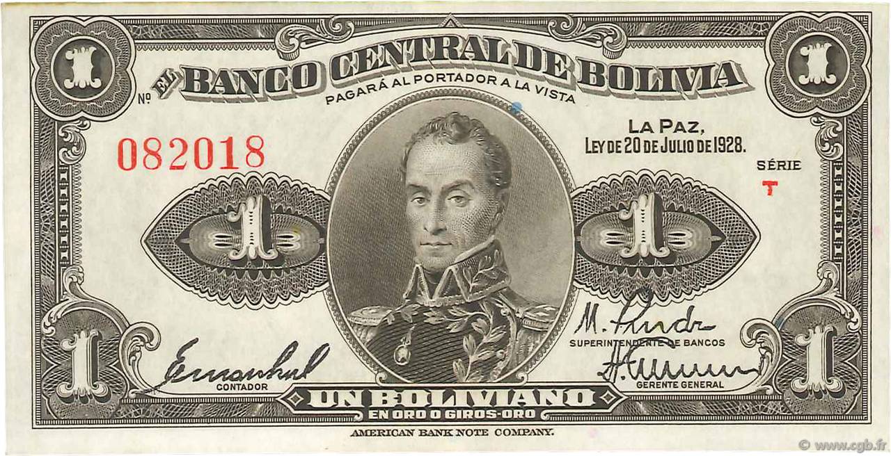 1 Boliviano BOLIVIA  1928 P.119a EBC