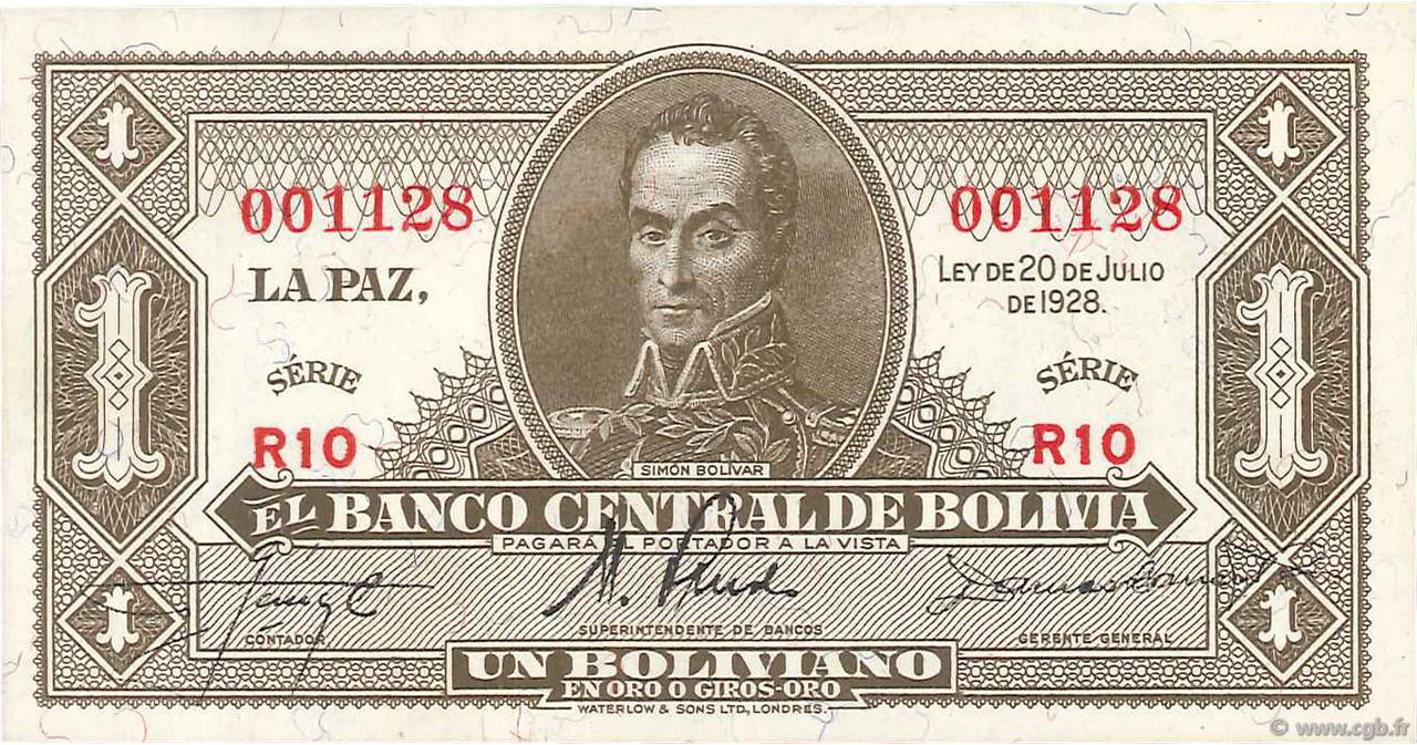 1 Boliviano BOLIVIA  1928 P.128a AU