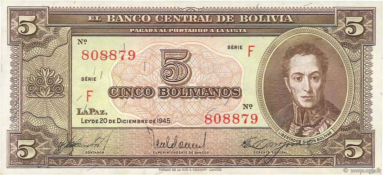 5 Bolivianos BOLIVIA  1945 P.138a AU
