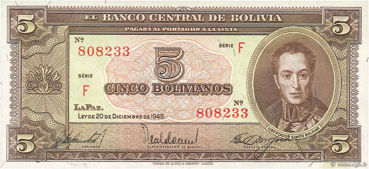 5 Bolivianos BOLIVIA  1945 P.138a SC+