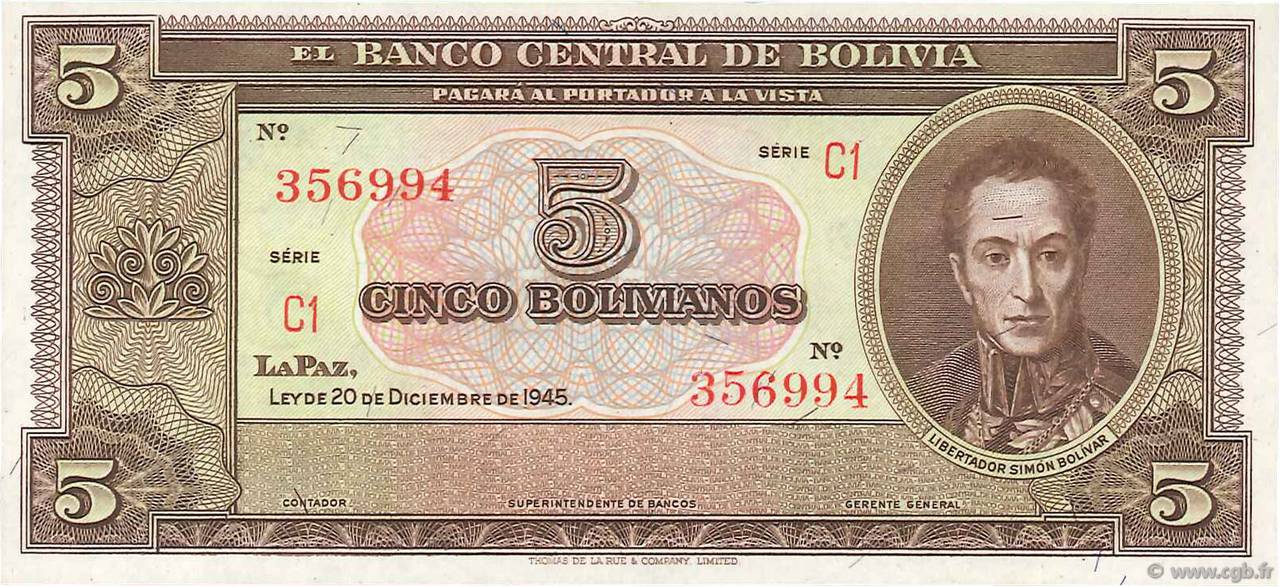 5 Bolivianos BOLIVIEN  1945 P.138r fST+