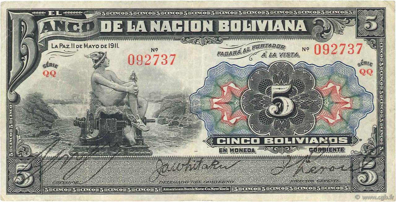 5 Bolivianos BOLIVIA  1911 P.105b q.BB