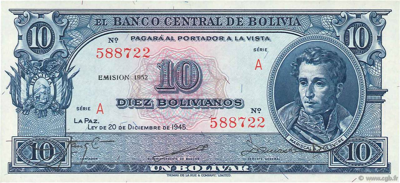 10 Bolivianos BOLIVIEN  1945 P.139b fST