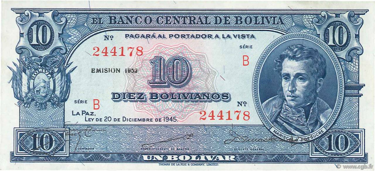 10 Bolivianos BOLIVIEN  1945 P.139b fST