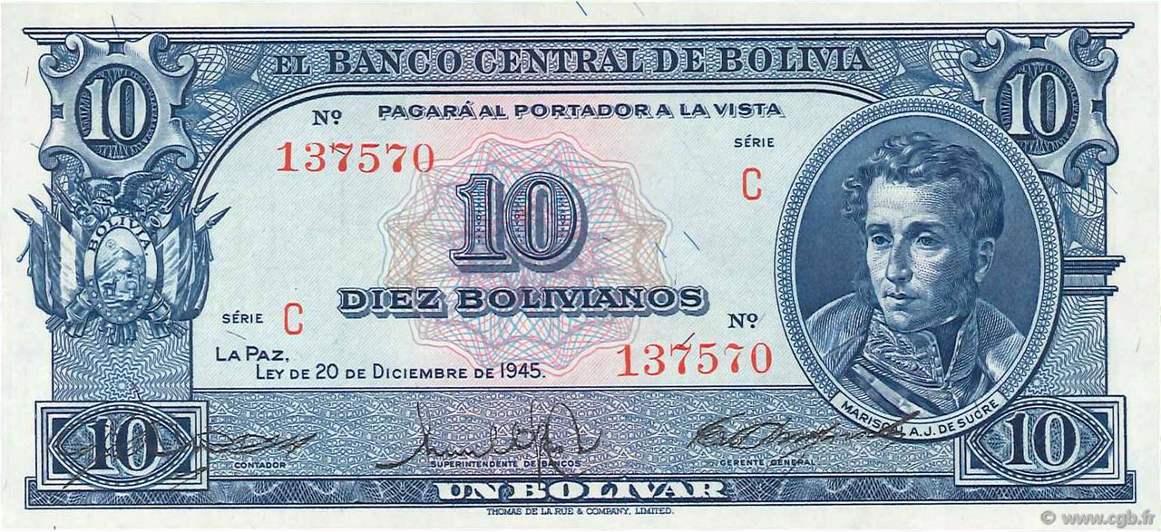 10 Bolivianos BOLIVIEN  1945 P.139c ST