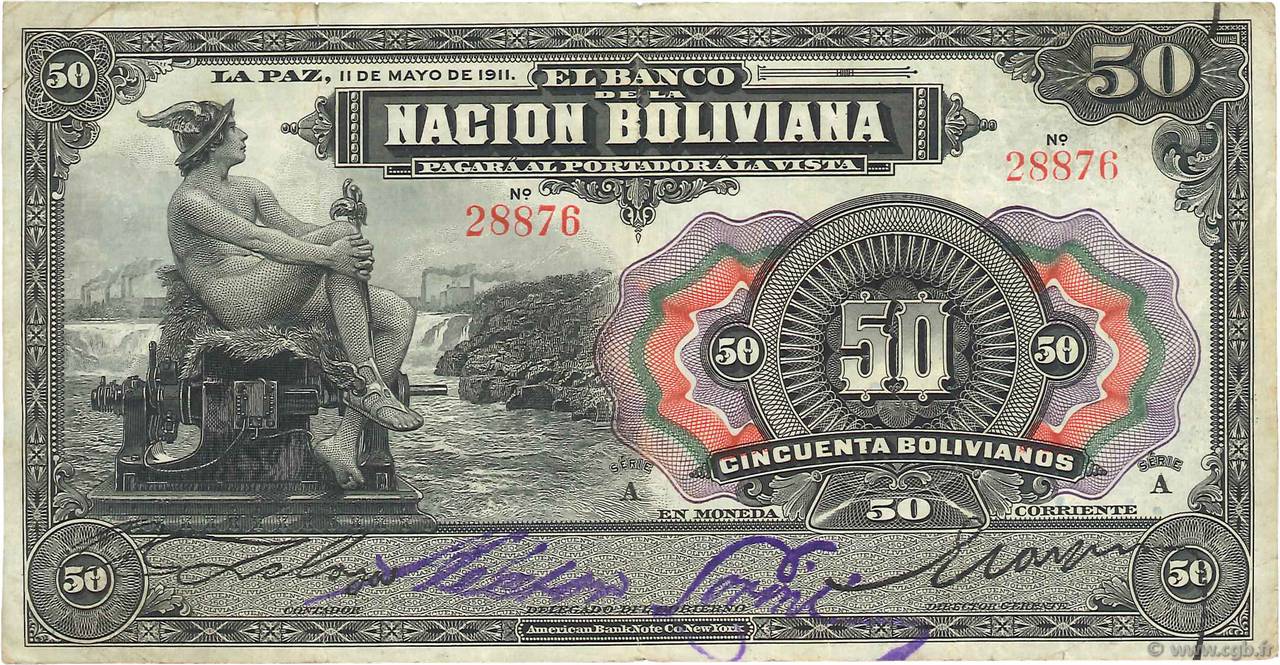 50 Bolivianos BOLIVIA  1911 P.110 BC+