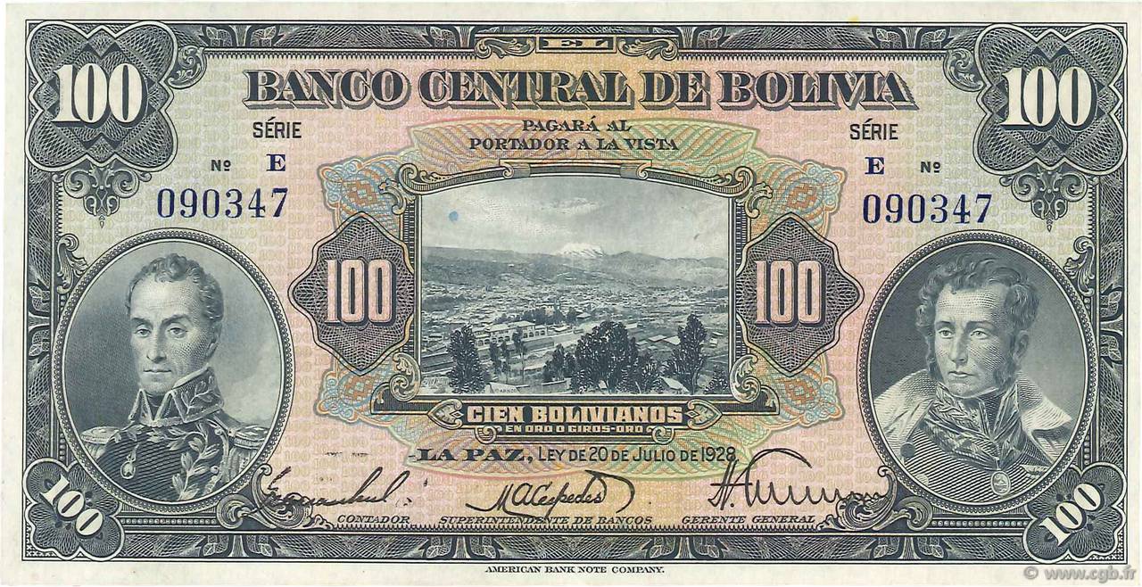 100 Bolivianos BOLIVIEN  1928 P.125a fST