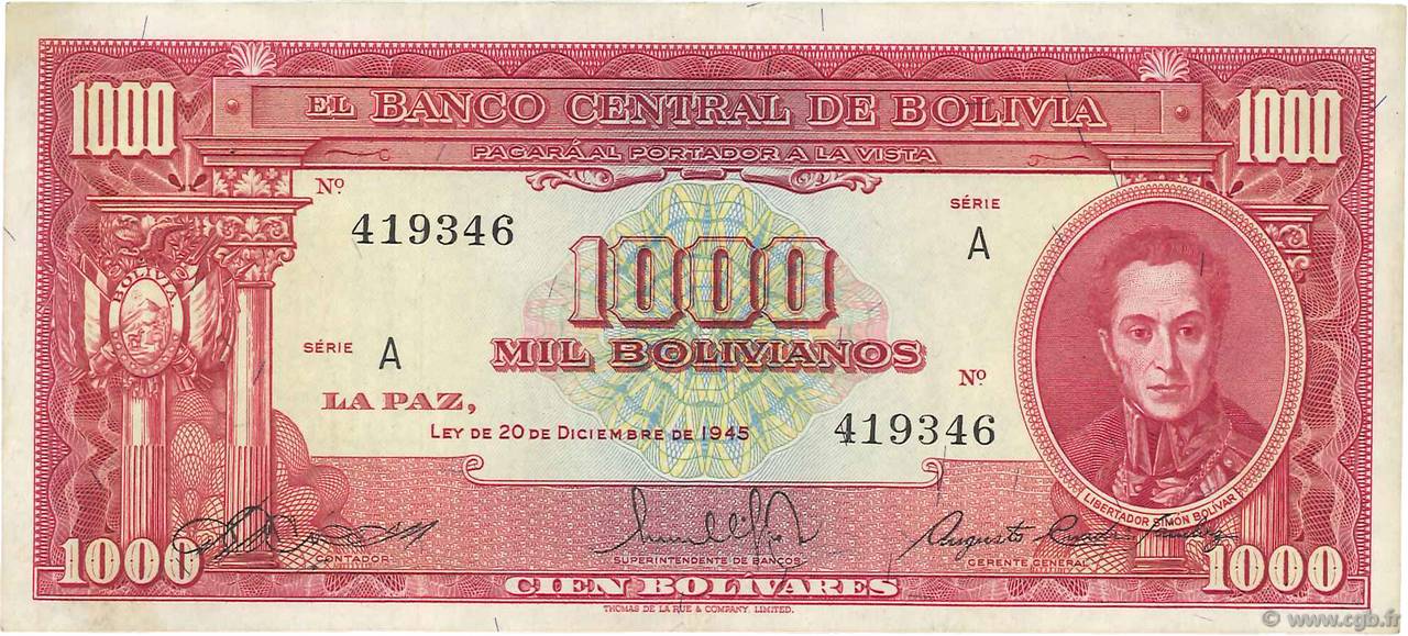1000 Bolivianos BOLIVIEN  1945 P.144 VZ