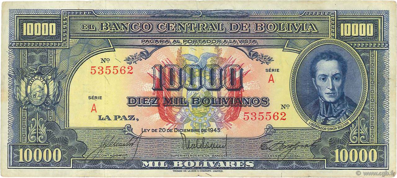 10000 Bolivianos BOLIVIA  1945 P.146 BC+