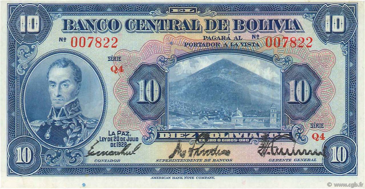 10 Bolivianos BOLIVIEN  1928 P.121a fST