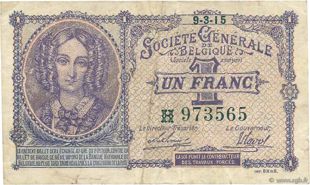 1 Franc BELGIUM  1915 P.086a VF