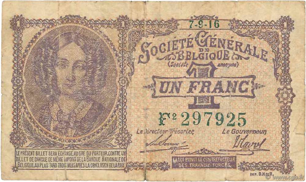 1 Franc BELGIO  1916 P.086b MB