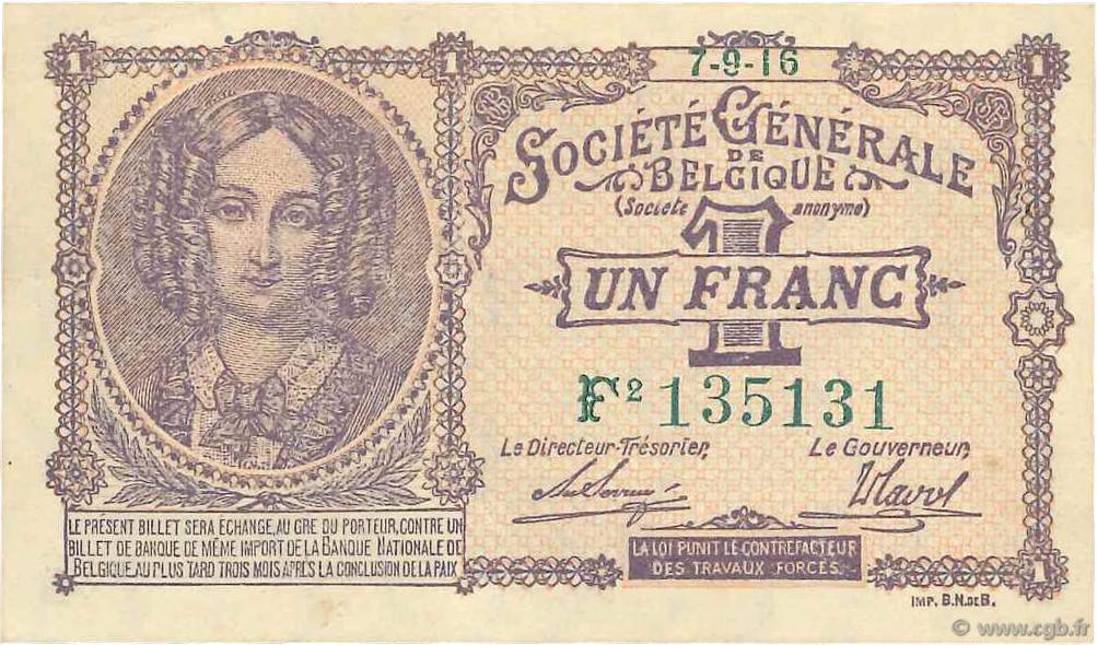 1 Franc BELGIUM  1916 P.086b XF