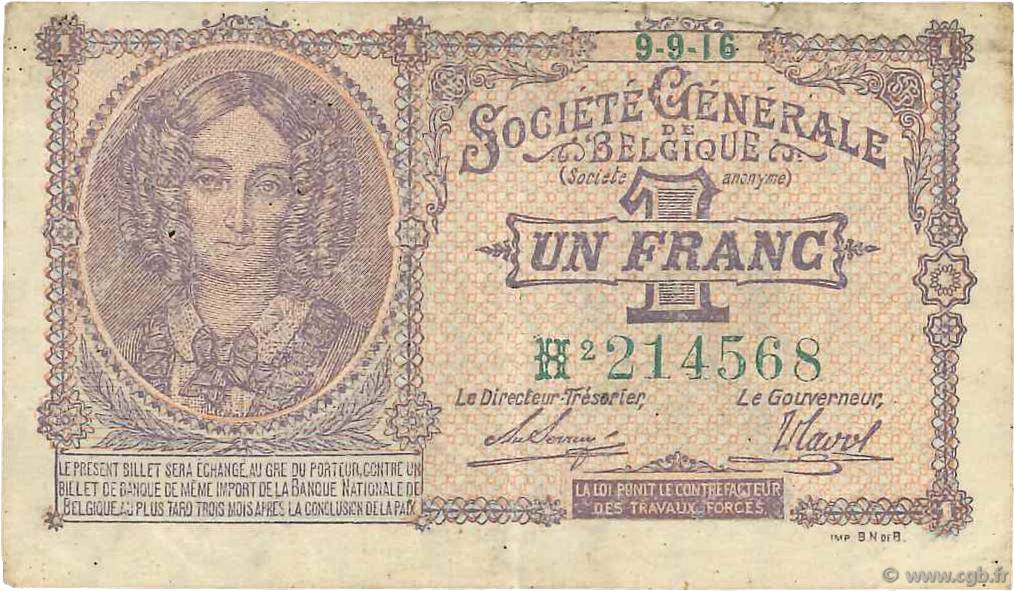 1 Franc BELGIEN  1916 P.086b fSS