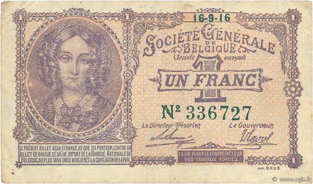 1 Franc BELGIEN  1916 P.086b SS