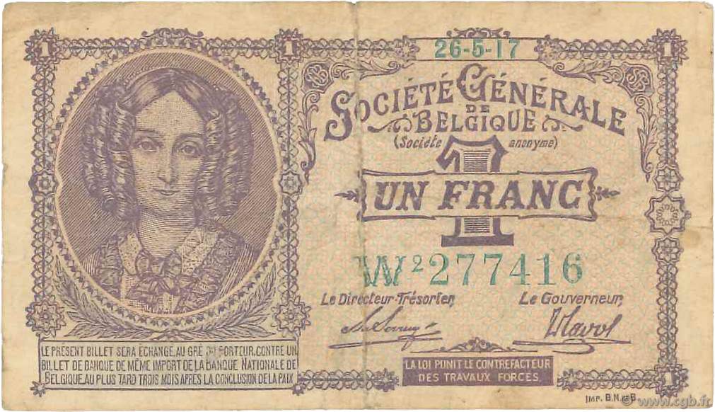 1 Franc BÉLGICA  1917 P.086b BC+
