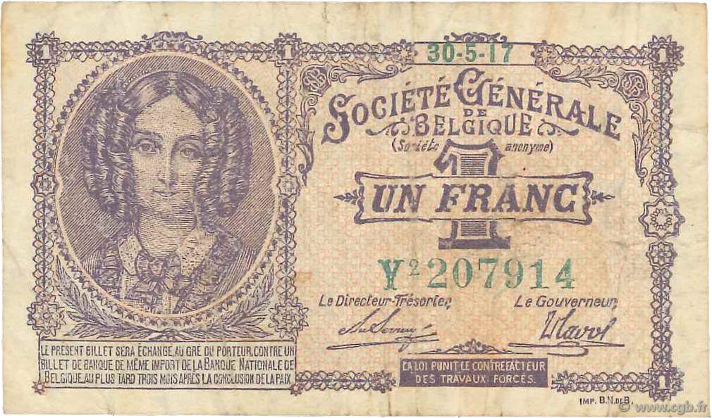 1 Franc BELGIQUE  1917 P.086b TB+