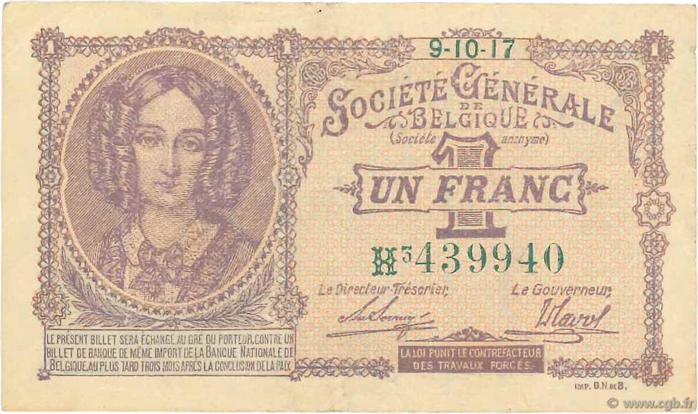 1 Franc BELGIUM  1917 P.086b VF