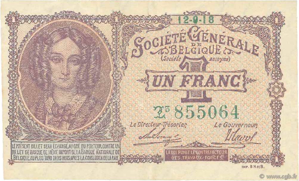 1 Franc BELGIEN  1918 P.086b SS