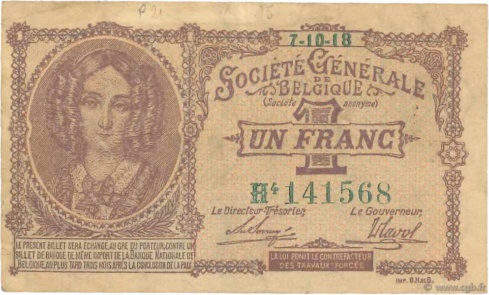 1 Franc BELGIEN  1918 P.086b SS