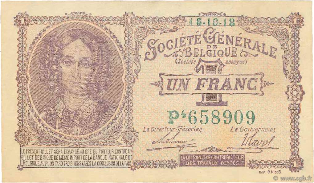 1 Franc BELGIEN  1918 P.086b fST