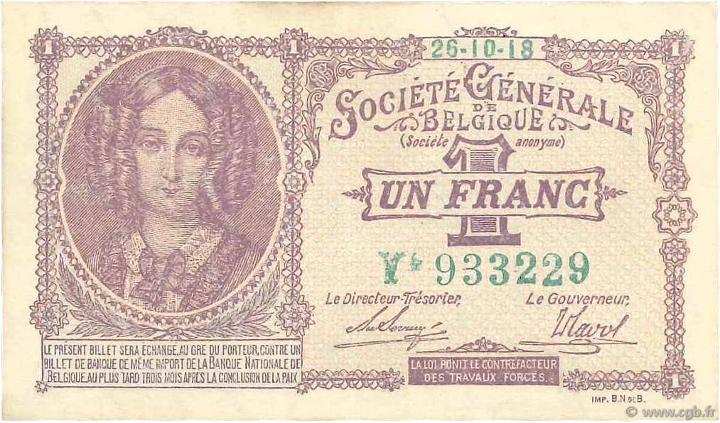 1 Franc BELGIUM  1918 P.086b XF