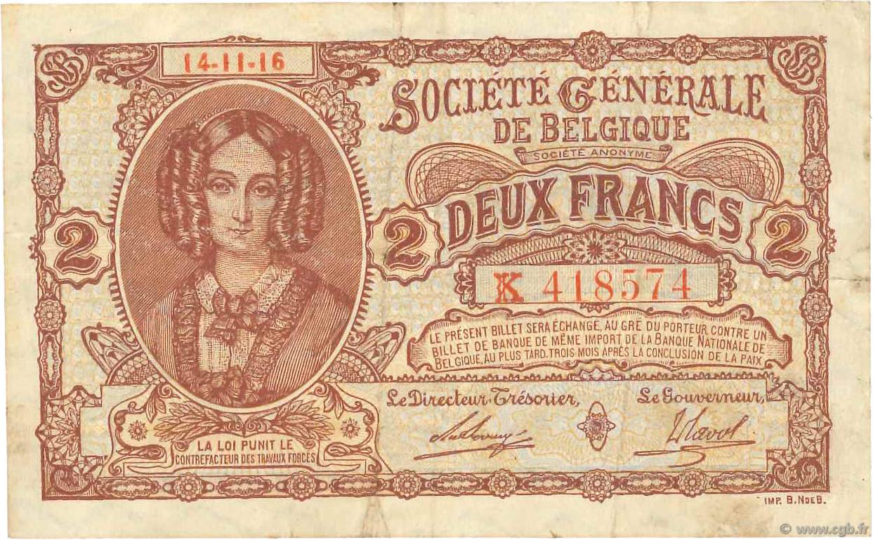 2 Francs BELGIUM  1916 P.087 VF