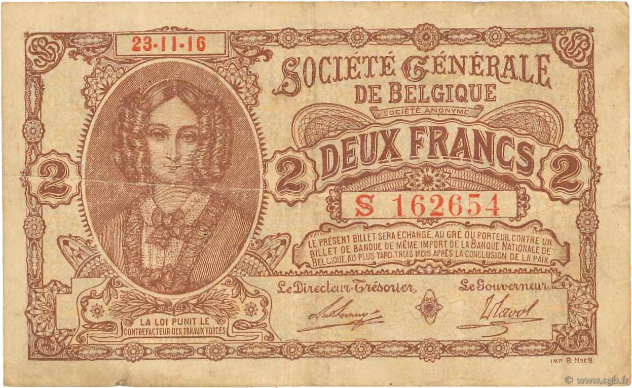 2 Francs BELGIEN  1916 P.087 S